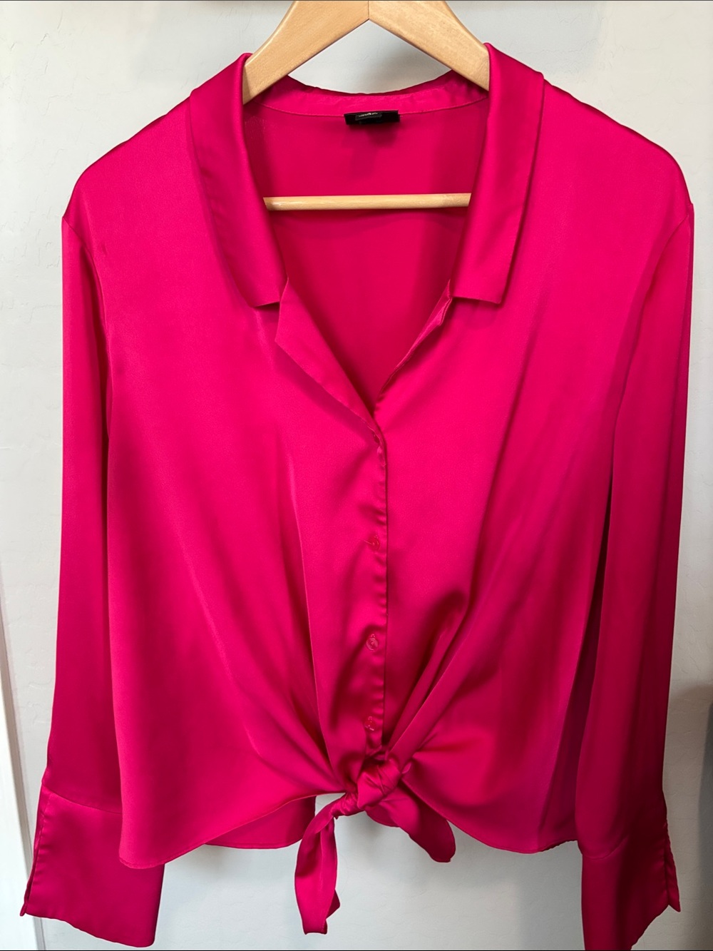 Worthington Hot Pink Satin Tie-Front Button Down Shirt